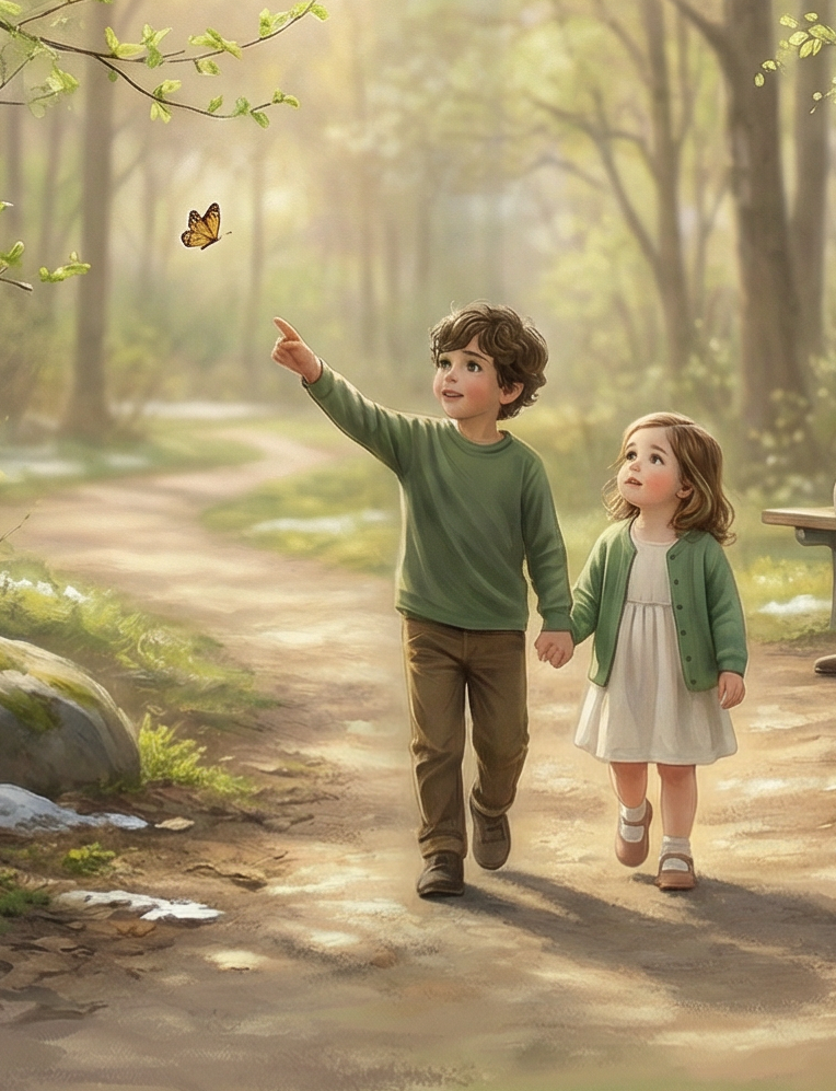 Jonah pointing at yellow butterfly